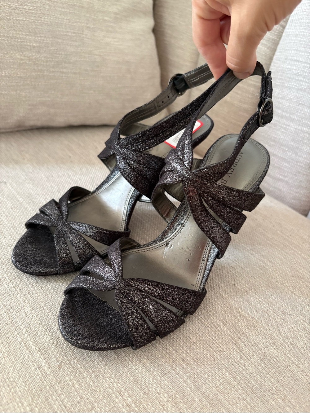 Audrey Brooke women’s black sparkle buckle open toe heels NEW Size 8